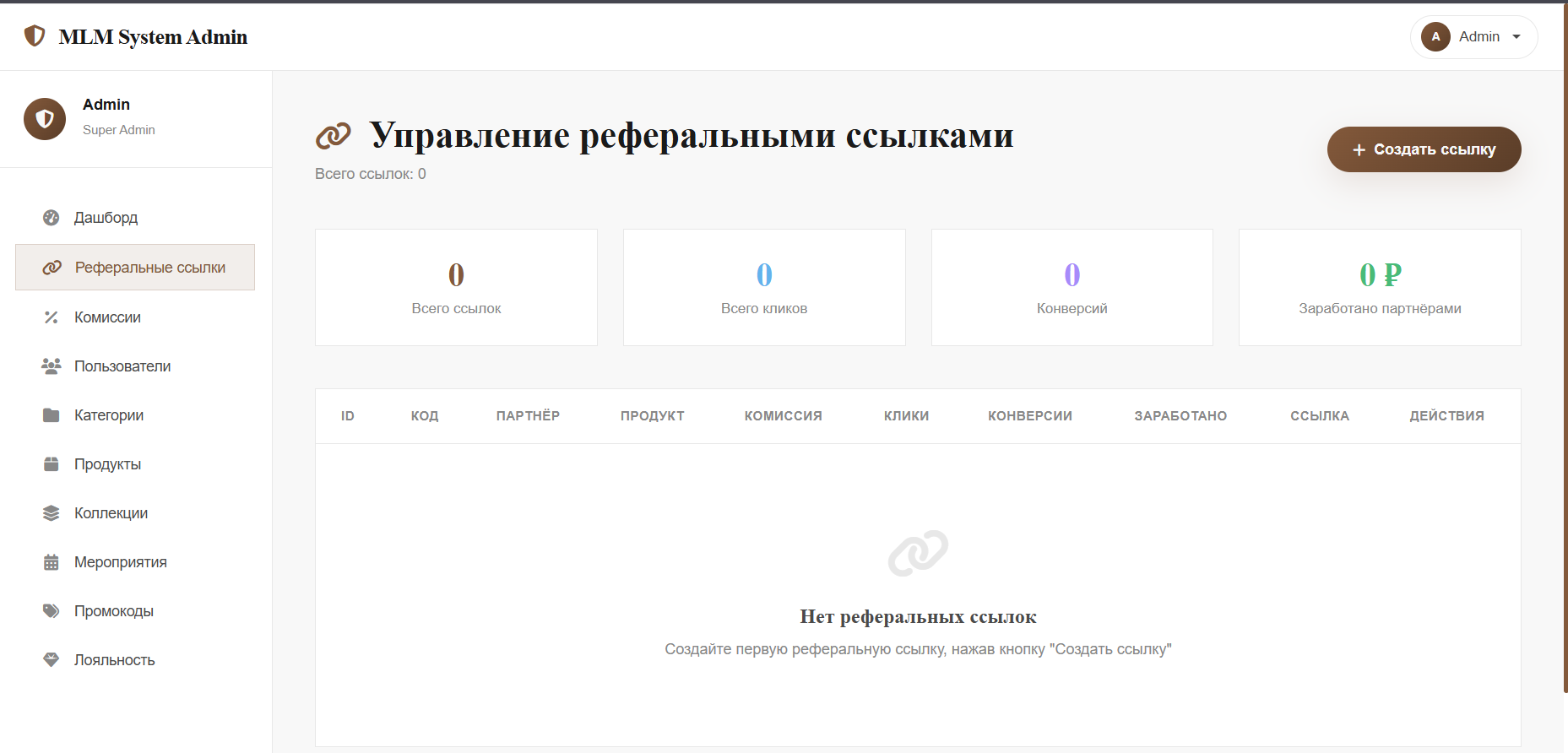 Меню админа для контроля выпущенных реферальных ссылок