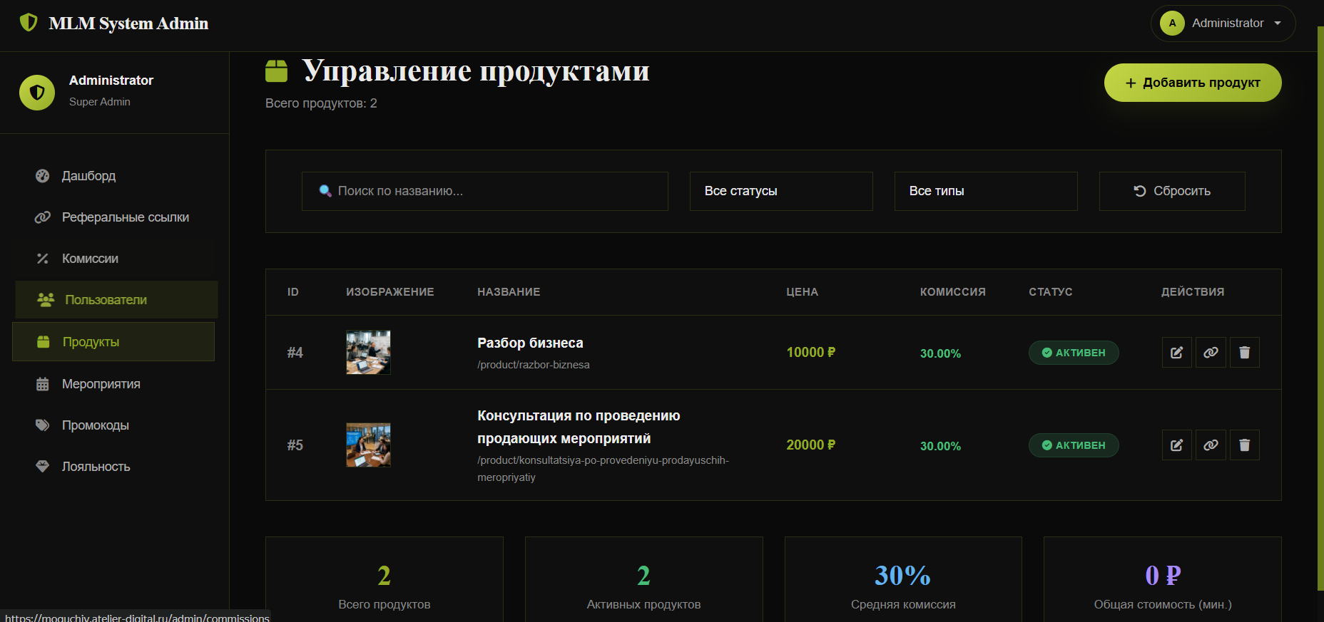 Меню админа для управления продуктами агентства 