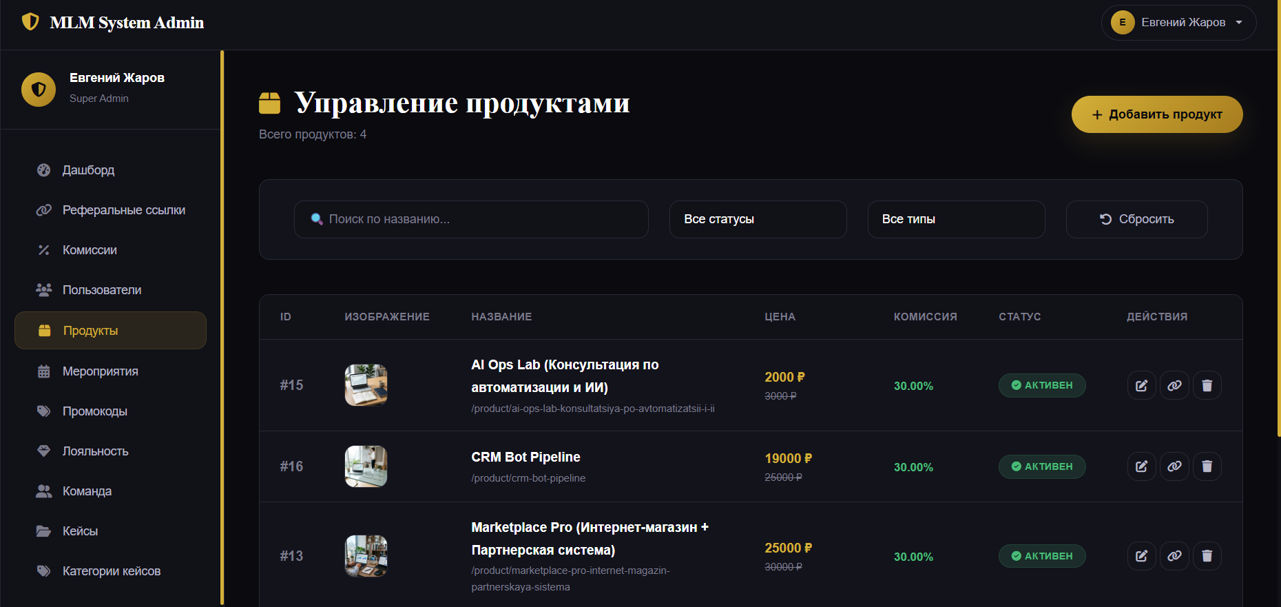 Меню админа для управления продуктами
