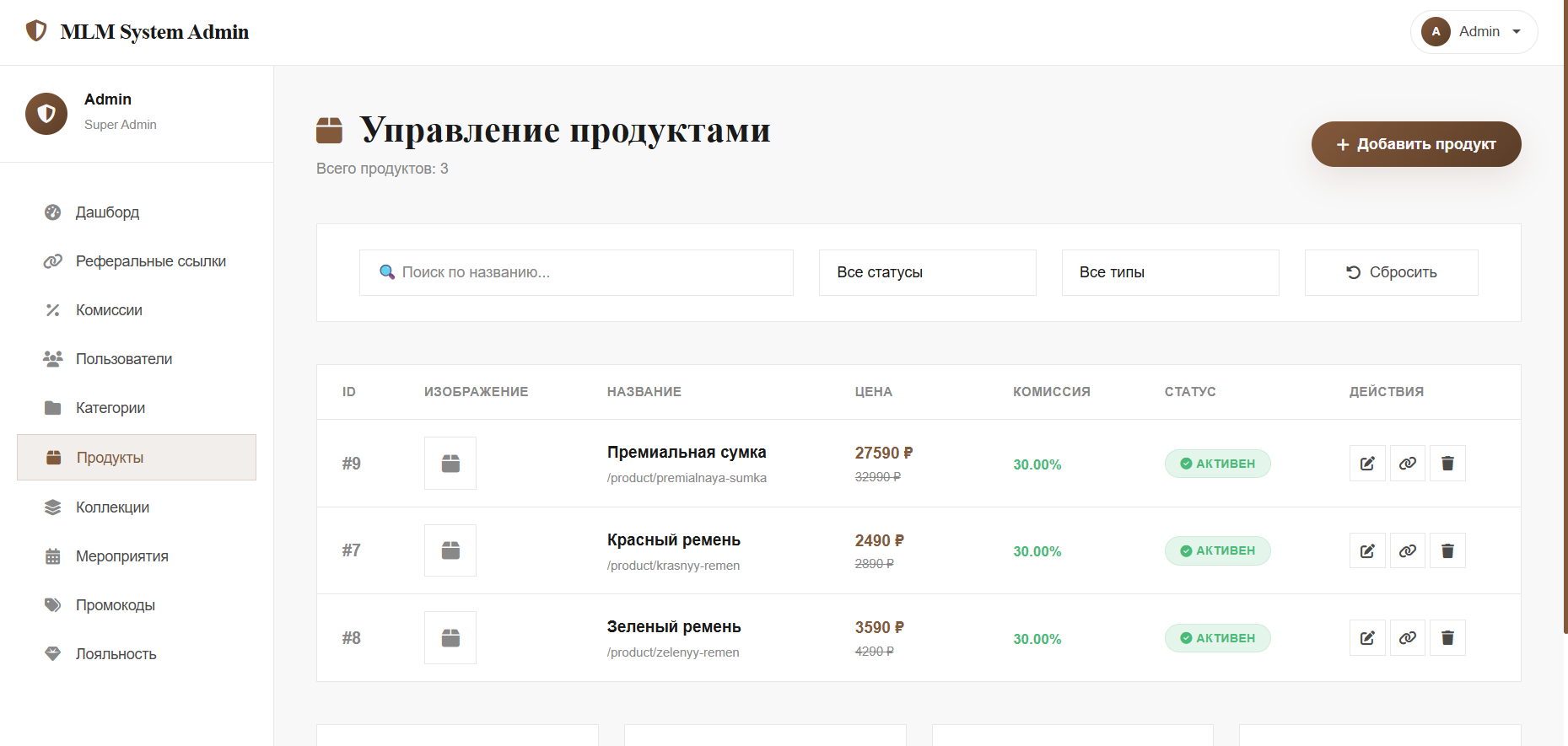 Меню админа для управления продуктами бренда