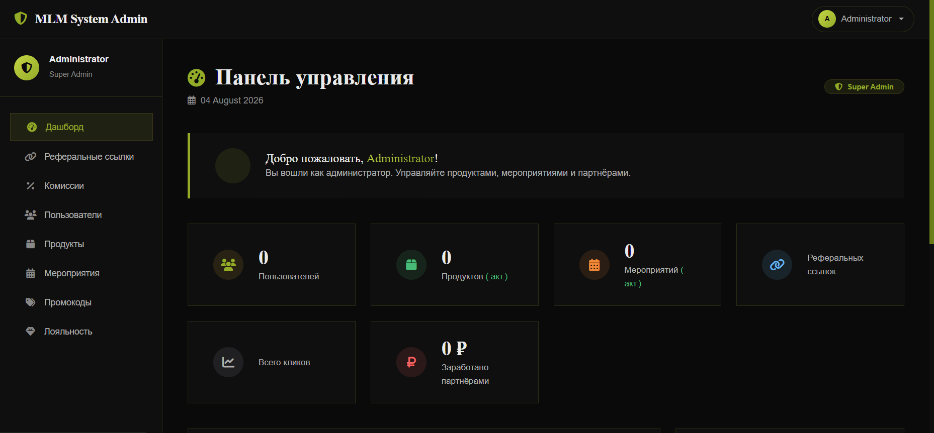 Дашборд меню для админа