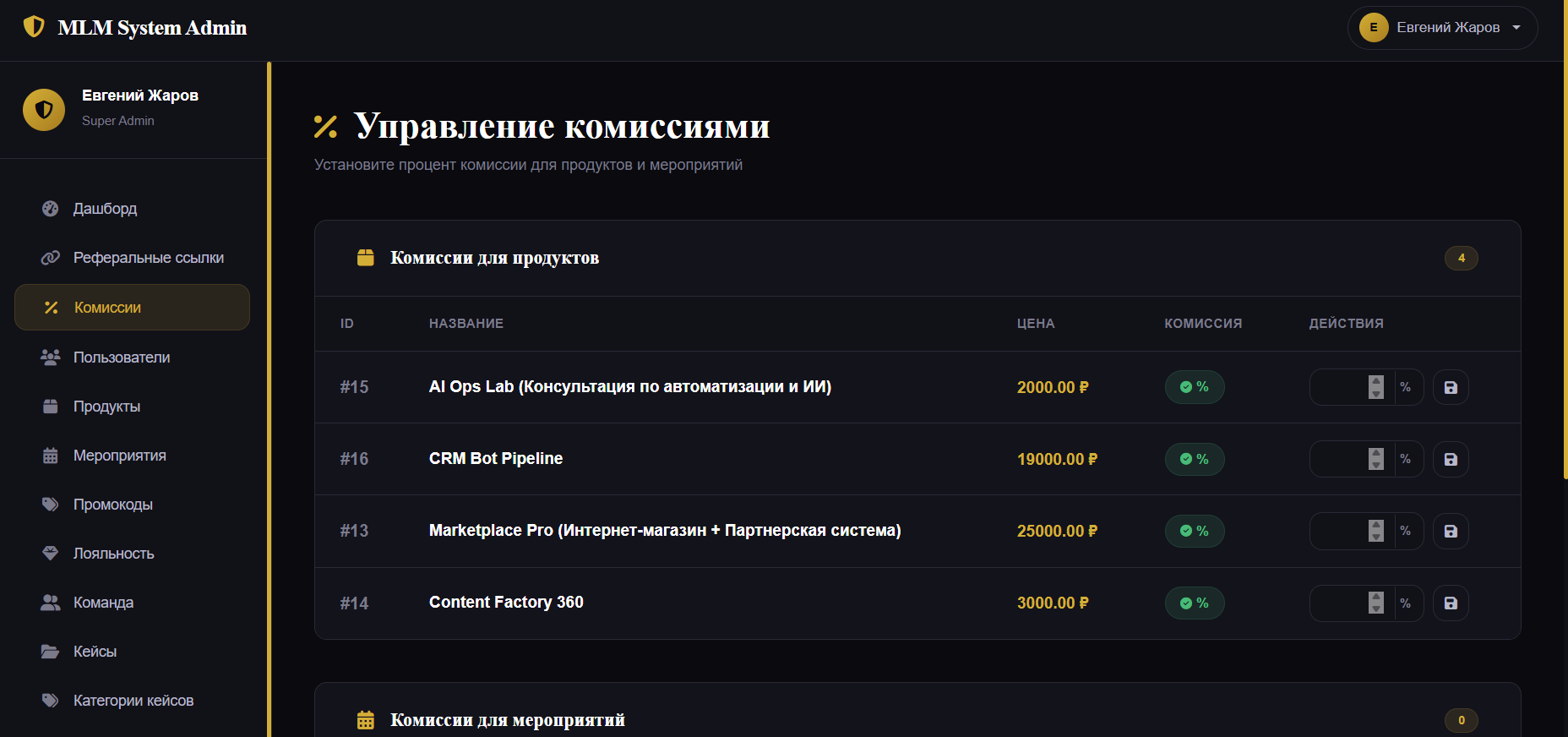 Меню админа для управления пользователями платформы