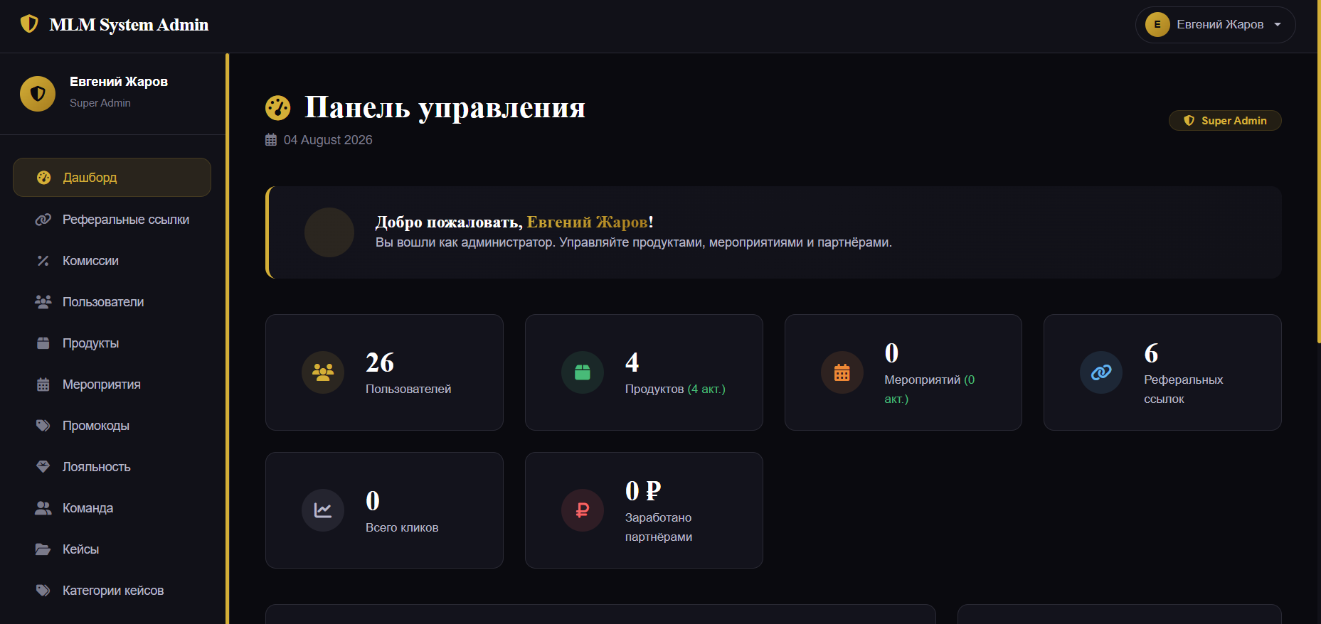 Меню партнера для контроля команды - иерархический вид
